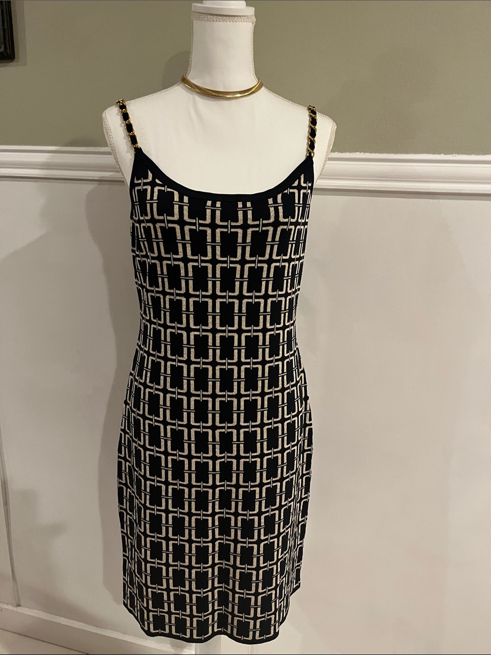 NWT Adrienne Vittadini Black Gold Cream Chain Strap Midi Dress Large